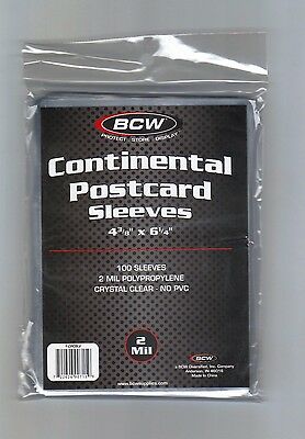 (100) Bcw Continental Size Postcard Sleeves 4 3/8" X 6" For Larger Postcards